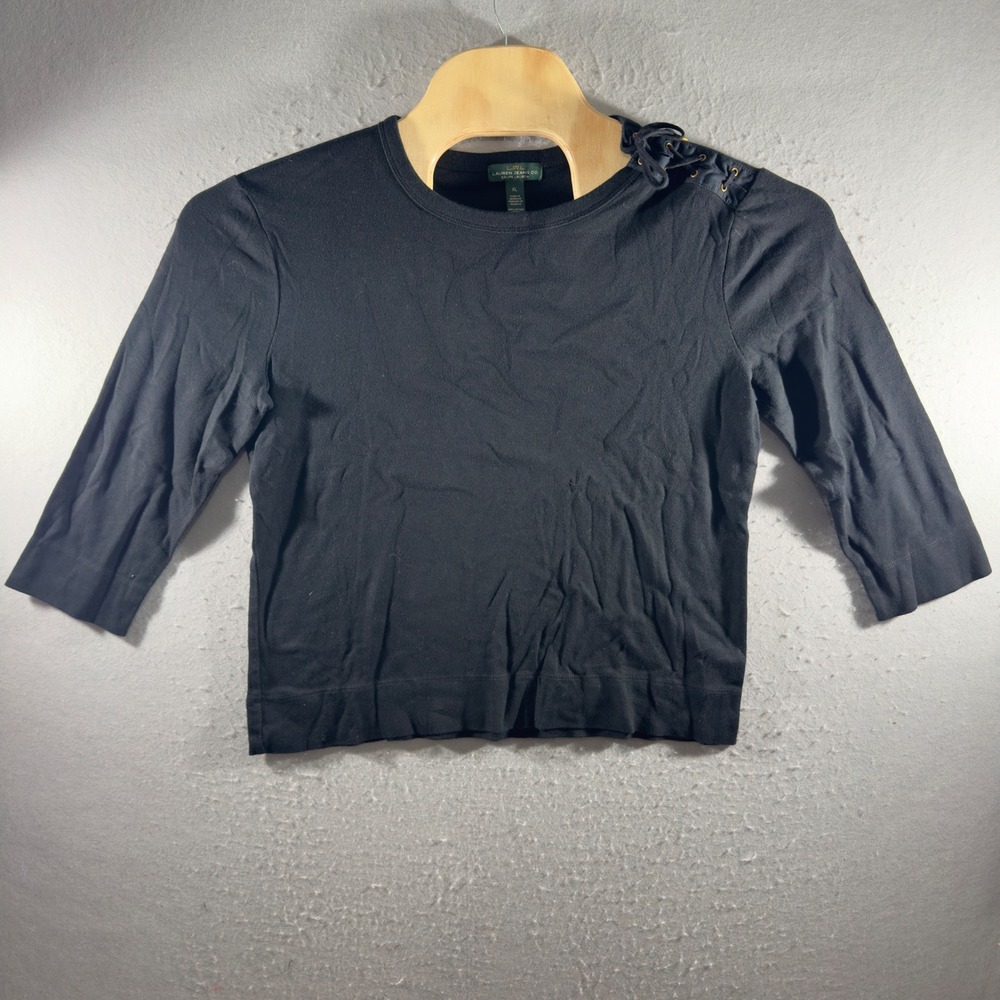 3108 | Lauren Jeans Co Ralph Lauren Lace Up Shoulder Knit Top Black Womens XL